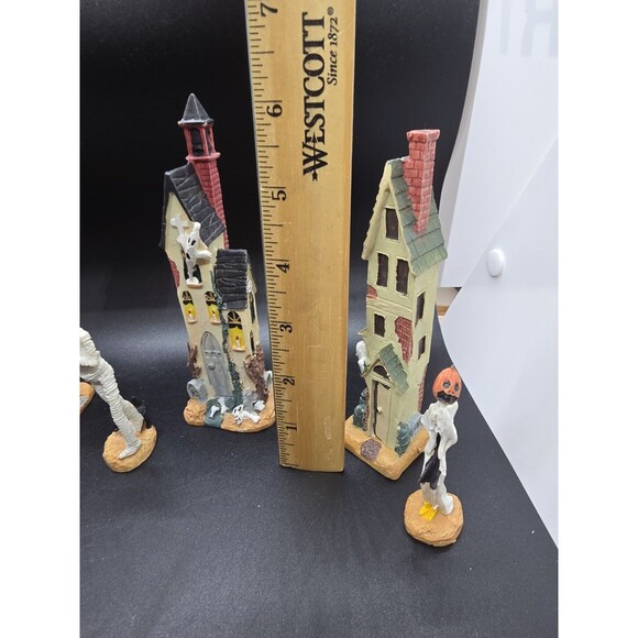 Vtg Halloween Village Rare Set  Poly Resin 3.5"/6.5" Skinny 4 Houses 4 Figures - Picture 6 of 16